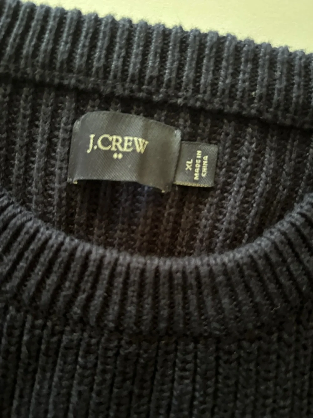 J. Crew Navy Crewneck Sweater with Tan Shoulder Patches - Men XL